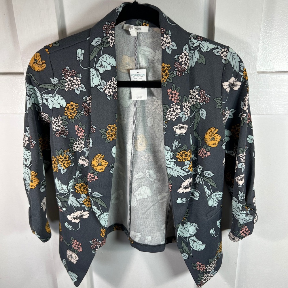 New Maurices Floral Open Front Blazer Ruched 3/4 Sleeve Grey XS 24320202